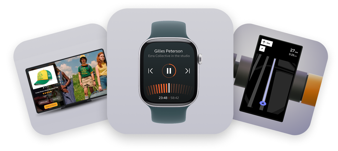 Multi-device UX showcase featuring Amazon Echo Show, Apple Watch, and Automotive HMI